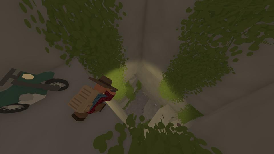 A player shining a flashlight into a deep cave.