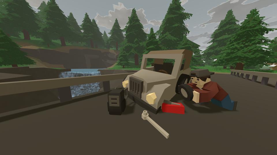 A player holding a tire kneels next to their damaged vehicle.