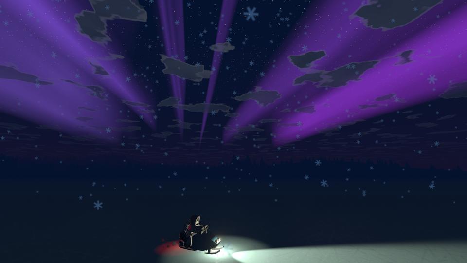 A player rides their snowmobile across a frozen lake, with the aurora borealis visible in the sky.